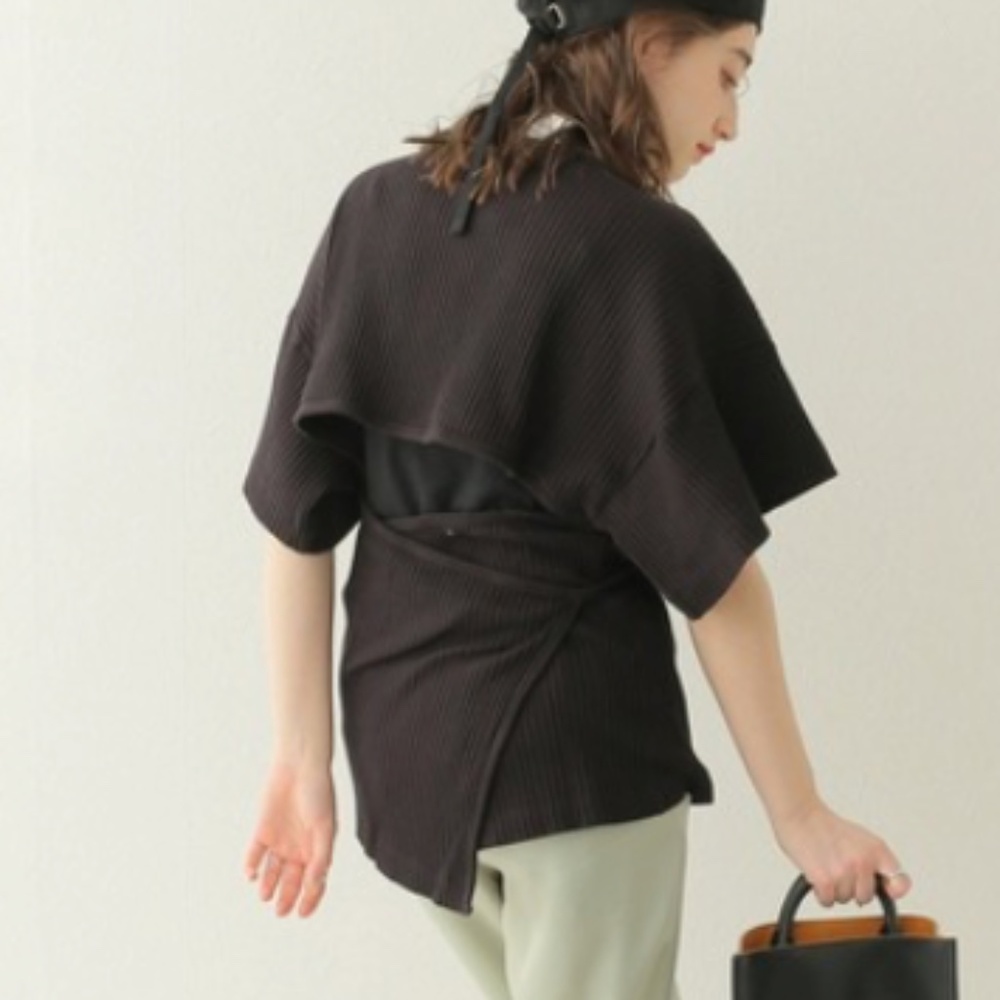 BASERANGE The Clair Wrap Top Black Organic Cotton Ribbed Open Back Cross Tie Top